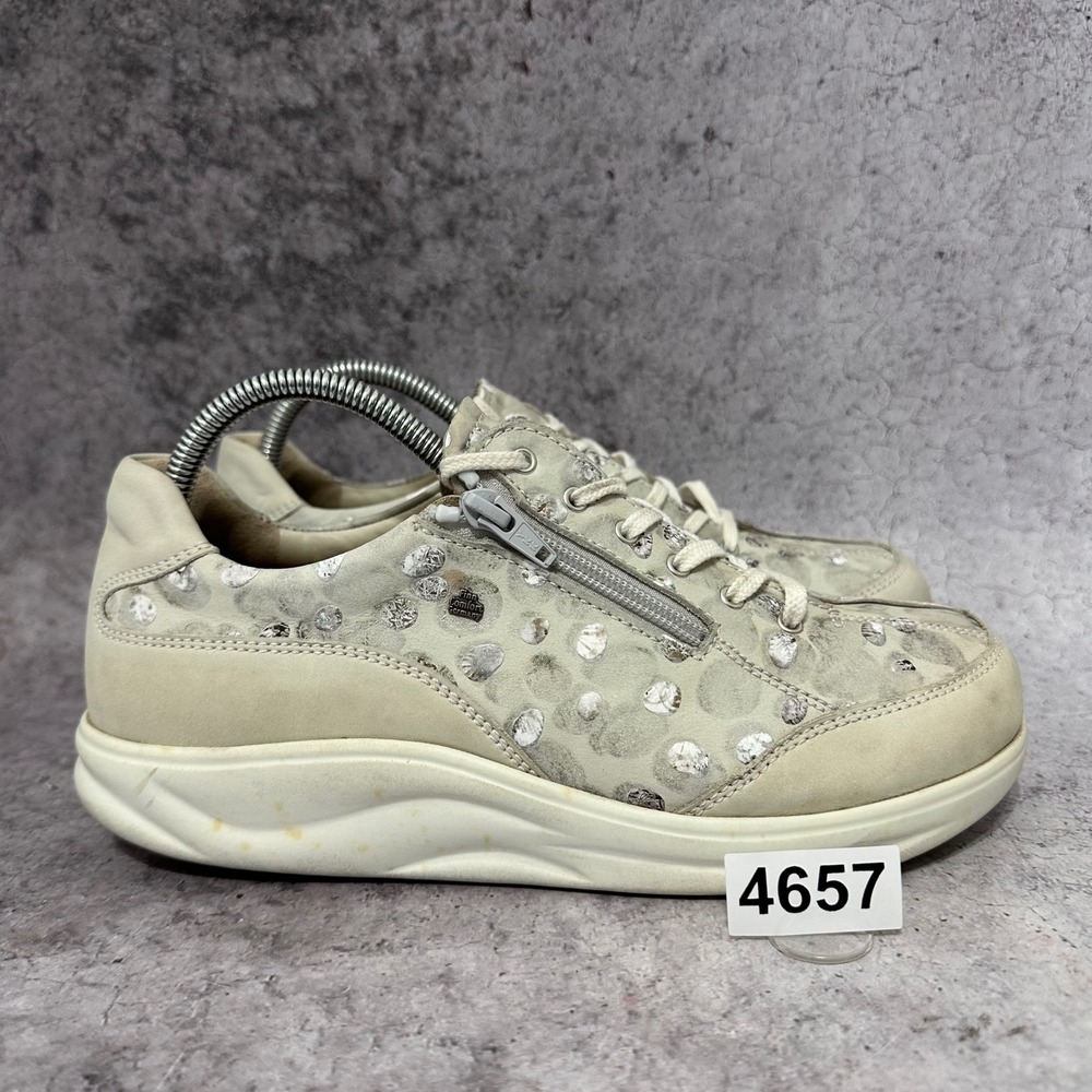 Finn Comfort Otaru Walking Shoes Womens 7 Bianco Stone Metallic Dot Rocker Sole